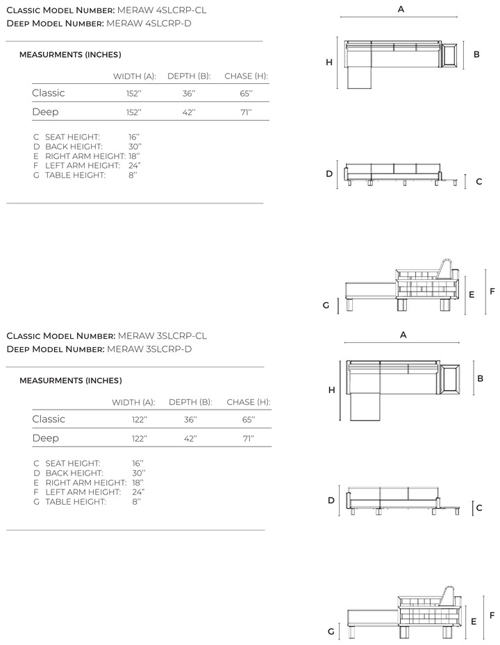 Luma Sofa with Left Chaise and Right Plinth Table dimensions